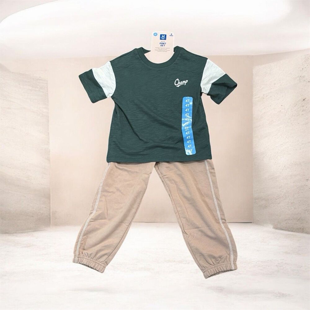 Member's Mark Boys 2-Piece Outfit Set 4T Green Tee Beige Pants Elastic Waist